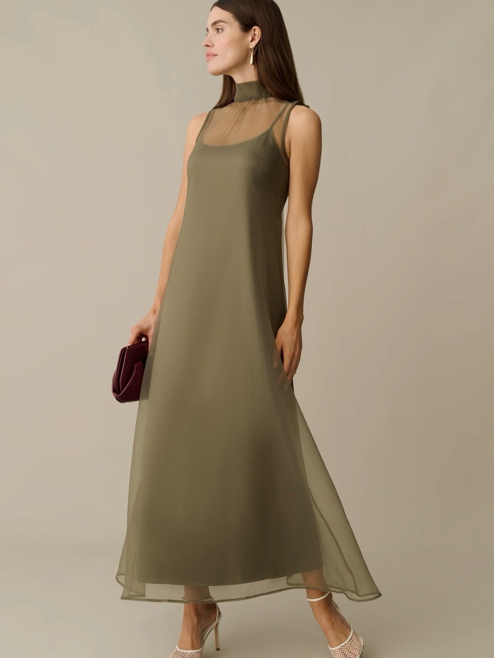 Sleeveless Olive Maxi Dress with Sheer High Neck - Picture 2 of 6